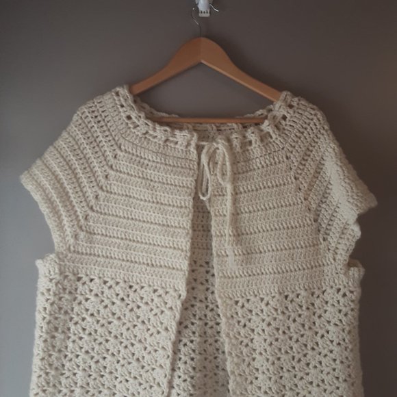 Vintage Handmade Cream Crochet Vest Shawl Sweater - Picture 2 of 10